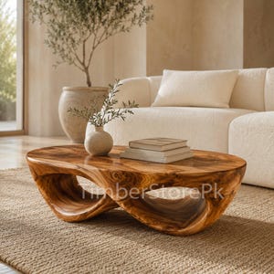 Solid Wood Coffee Table, Sculptural Hourglass Center Table for Living Room, Handcrafted Mobius Shape Low Table with Dual Hollow Cutouts