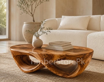 Mesa de centro de madera maciza, mesa auxiliar escultural con forma de reloj de arena para sala de estar, mesa baja artesanal con forma de Möbius y dos huecos calados.