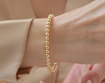 14K Solid Gold Dorica Ball Cuff Bracelet, Beaded Gold Bangle for Women, Handmade Elegant Fine Jewelry Gift