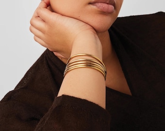 14K Gold Flexible Cuff Bracelet, Solid Gold Bangle Bracelet, Lightweight Bracelet, Stackable Cuff, Open Bracelet Women, Handmade Jewelry