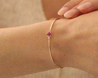 14K Solid Gold Ruby Diamond Cuff Bracelet, Lab Grown Ruby Gold Bangle for Women, Rectangle Gemstone Bracelet, Handmade Luxury Jewelry