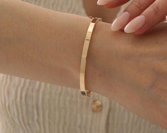14K Solid Gold Matchstick Cuff Bracelet, Handmade Minimalist Gold Bangle for Women, Simple Real Gold Bracelet, Modern Fine Jewelry Gift
