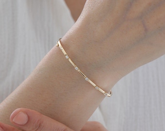 14K Massivgold Diamant Bar Manschette Armband, Labor gewachsener Diamant Gold Armreif für Frauen, handgemachter moderner Luxus feinen Schmuck Geschenk