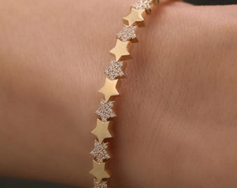 14K Solid Gold Star Cuff Armband, Himmlischer Gold Armreif für Frauen, Handgemachtes Statement Fine Schmuck Geschenk