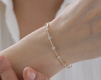 14K Solid Gold Clover Diamond Cuff Bracelet, Lab Grown Diamond Gold Bangle for Women, Handmade Lucky Fine Jewelry Gift