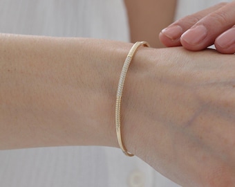 14K Solid Gold Modern Diamond Cuff Bracelet, Lab Grown Diamond Gold Bangle for Women, Handmade Minimalist Luxury Bracelet, Fine Jewelry Gift