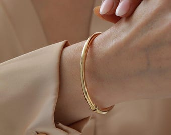 14K Solid Gold Thick Dome Cuff Bracelet, Bold Rounded Gold Bangle for Women, Handmade Statement Fine Jewelry Gift