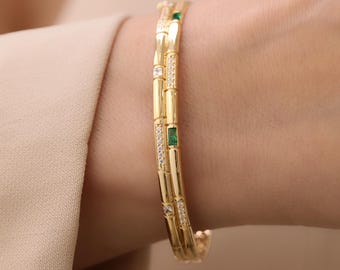 14K Solid Gold Emerald Double Cuff Bracelet, Lab Grown Emerald Diamond Gold Bangle for Women, Luxury Fine Jewelry Gift