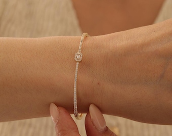 14K Massivgold Baguette Diamant Manschette Armband, Labor gewachsener Diamant Gold Armreif für Frauen, handgemachtes Luxus Armband, elegantes feines Schmuck Geschenk