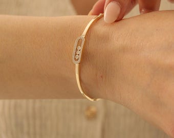 Pulsera rígida de oro macizo de 14 quilates con diamantes móviles, brazalete de oro con diamantes cultivados en laboratorio para mujer, pulsera de lujo hecha a mano, elegante regalo de joyería fina.