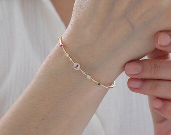 14K Solid Gold Ruby Emerald Diamond Cuff Bracelet, Lab Grown Gemstone Gold Bangle for Women, Handmade Luxury Fine Jewelry Gift
