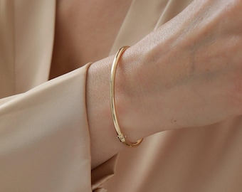 14K Solid Gold Dome Cuff Bracelet, Rounded Gold Bangle for Women, Handmade Minimalist Fine Jewelry Gift