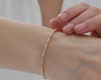 14K Massivgold Rubin Diamant Manschette Armband, Gold Rubin Gold Armreif für Frauen, handgemachtes Luxus Edelstein Armband, eleganter feiner Schmuck