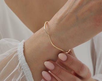 14K Solid Gold Zigzag Cuff Bracelet, Geometric Gold Bangle for Women, Handmade Minimalist Fine Jewelry Gift