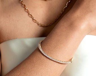 Lab Grown Diamond Cuff Bangle, 14K Solid Gold Diamond Bracelet, Open Gold Cuff for Women, Luxury Diamond Bangle, Fine Jewelry Gift
