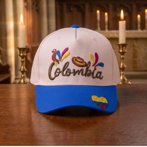 Colombia, embroidered structured baseball cap, heritage latino culture pride, unique travel souvenir gift