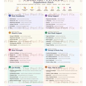 Może przedstawiać: Przewodnik po zdrowiu hormonalnym zatytułowany Perimenopause Supplement Stack. Dokument zawiera dziewięć kategorii, w tym Daily Foundation, Sleep Support, Mood & Calm, Hot Flash Support, Bone Strength, Energy & Brain Fog, Gut Health, Skin, Hair & Glow.