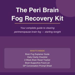 May include: A purple informational graphic titled The Peri Fix Wellness The Peri Brain Fog Recovery Kit. Subtitle reads Your complete guide to clearing perimenopause brain fog — starting tonight. Includes a list of contents: Brain Fog Explainer Guide, Daily Clarity Checklist, 2-Week Brain Reset Tracker, Brain-Supportive Food List, and GP Conversation Prompt Sheet.