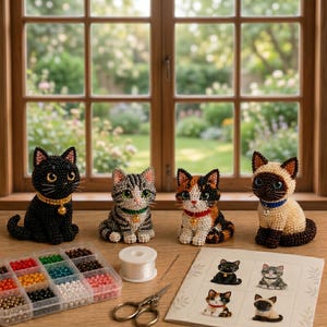 3D Beaded Cat DIY Kit | Cute Seed Bead Pet Pattern | Screen Free Craft Hobby Adult | Siamese Calico Tabby Desk Decor | Cat Lover Gift