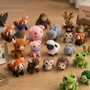 May include: A collection of small, handcrafted animal figurines made from colourful glass beads. The set includes various creatures such as red pandas, pigs, owls, frogs, a hippo, a sheep, a turtle, a snail, a hedgehog, and a brown furry creature.