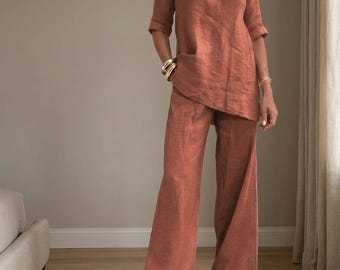 Linen Two Piece Set Women, V Neck Tunic, Wide Leg Pants, Casual Loungewear