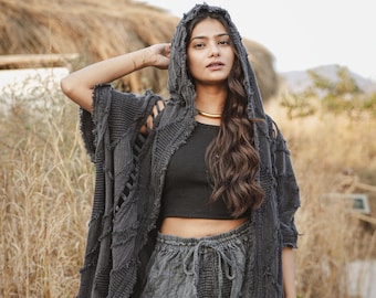 Uniseks katoenen kimonobadjas met capuchon | Tribal patchwork festival cover-up
