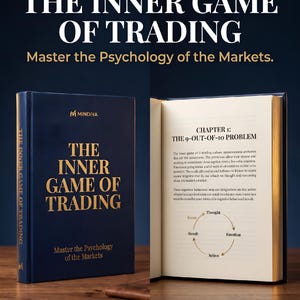 Op de afbeelding: Een donkerblauw hardcover boek getiteld The Inner Game of Trading: Master the Psychology of the Markets. De kaft heeft gouden letters en een logo. Het open boek toont hoofdstuk 1 en een cirkelvormig diagram.