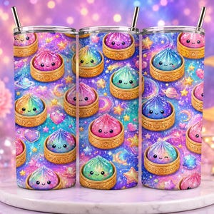 May include: Three cylindrical tumblers with metal straws featuring a repeating pattern of colorful, smiling dumplings in bamboo steamers set against a vibrant, sparkling galaxy background filled with stars, planets, and crescent moons in shades of purple, blue, and pink.