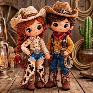 Può includere: Due bambole all'uncinetto vestite in stile western. La bambola a sinistra ha lunghi capelli rossi, un cappello color crema con fiori, una camicia a fiori, pantaloncini di jeans blu e gambali con frange. Quella a destra ha capelli castani, un cappello marrone, una camicia gialla, una bandana rossa e jeans blu.