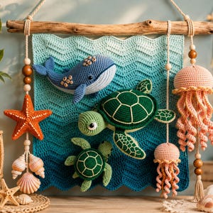 May include: A wall hanging featuring a blue ombre chevron crochet backdrop with attached stuffed crochet sea creatures including a whale, two sea turtles, a starfish, and two jellyfish, all suspended from a natural wooden branch with beads.