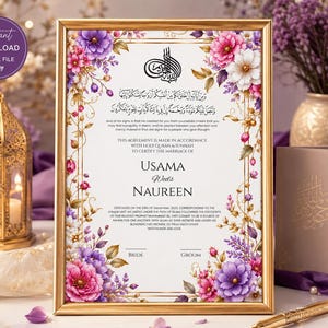 May include: A rectangular gold-framed marriage certificate featuring floral illustrations in shades of pink, purple, and white. The document includes Arabic calligraphy, English text detailing the union of Usama and Naureen, and signature lines.