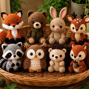 Può includere: Una collezione di otto animali di peluche realizzati all'uncinetto, tra cui una volpe, un orso, un coniglio, un cervo, un procione, un gufo, un riccio e uno scoiattolo, disposti in un grande cesto di vimini intrecciato su legno.