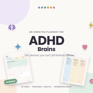 以下が含まれることがあります： ADHDの脳のための日付なしプランナー。2つのページレイアウトが表示されています。左ページには毎日のタスクリスト、右ページには低・中・高エネルギーのカテゴリー分けされたエネルギーメニューがあります。テキスト：10ページ、印刷可能、デジタル、Goodnotes対応。