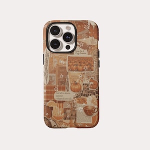 May include: A phone case featuring a collage of autumn-themed imagery in shades of brown and orange, including pumpkins, a fox, a cup of coffee, and maple leaves. The text reads, "And all to alncte, summer collapsed into fall," with small white stars.