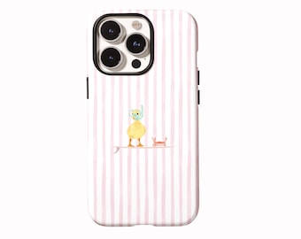Telefoonhoesje met snorkelend eendje, roze gestreepte iPhone-cover, schattig zomertelefoonhoesje met strandkrab voor iPhone 17 16 15 14 13 12 11 Pro Max, Samsung S26 S25
