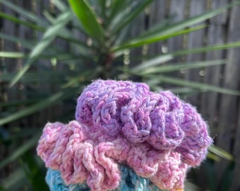 Colorful Chunky Crochet Scrunchie | Pink, Blue, Purple & Yellow Hair Tie | Handmade Accessory | Ponytail Holder
