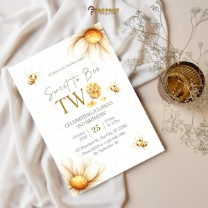 Sweet to Bee Two Birthday Invitation Template | 2nd Charming Bees Invite | Editable Second Honey Party Invitation | Instant Download Canva