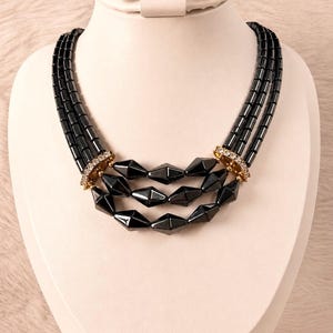 Collier tendance vintage en hématite naturelle - Collier géométrique art déco en pierre noire, bijoux gothiques élégants et glamour