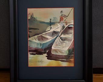 Vintage California Watercolor Painting - Signed Original Art - Impressionist Nautical Boat Scene, Stockton Miracle Mile Find