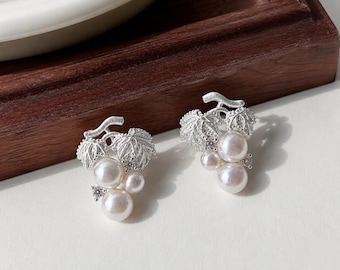 Druif clusteroorbellen, zilveren wijnstokoorknopjes, vintage kristallen parelsieraden, elegant, op de natuur geïnspireerd cadeau voor haar