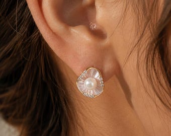 Parel geometrische oorbellen voor dames, verfijnde gouden trouwsieraden, bruidscadeau