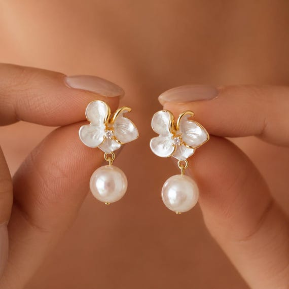 Mother of Pearl Flower Earrings, 18K Gold Plated Pearl Drop Studs, Floral Bridal Earrings, Bridesmaid Gift