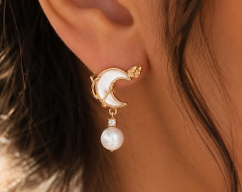 Maanpareloorbellen voor dames, gouden halve maan oorbellen, parelmoer sieraden cadeau voor haar, elegante alledaagse stekers