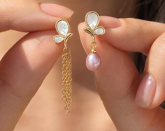 Parelhangende oorbellen voor dames, verfijnde gouden oorbellen in 2 stijlen, roze parel of met kwastje, elegant cadeau voor haar