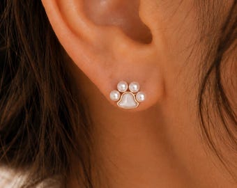 Pareloorknopjes met pootafdruk voor dames, goudzilver kleine sieraden voor huisdierenliefhebber, sierlijk parelmoer cadeau voor haar