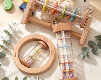 Personalized Baby Rain Stick Rattle, Wooden Baby Rattle Toy, Custom Newborn Gift, Baby Shower Gift, Sensory Montessori Toy, Christmas Gift