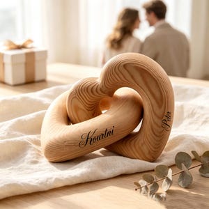 May include: A decorative wooden sculpture consisting of two interlocking heart shapes carved from light-colored wood with a visible grain pattern. The names Kourtni and Peter are engraved in a dark script font on the surface of the wooden hearts.