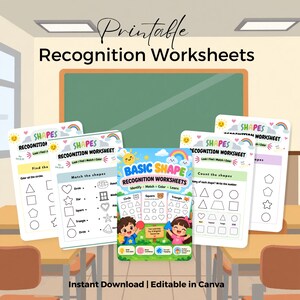 May include: A set of printable basic shape recognition worksheets featuring colourful illustrations of children, rainbows, and suns. The pages include activities to identify, match, and colour various geometric shapes like circles, squares, and triangles.