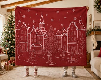 Red Christmas Sherpa Blanket, Cozy Winter Village Line Art Throw Blanket, Holiday Fleece Blanket, Christmas Gift for Family, Cozy Home Decor