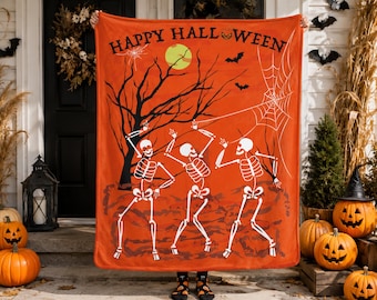 Halloween Sherpa Blanket, Cozy Dancing Skeletons Throw Blanket, Spooky Season Orange Fleece Blanket, Halloween Gift, Spooky Home Decor